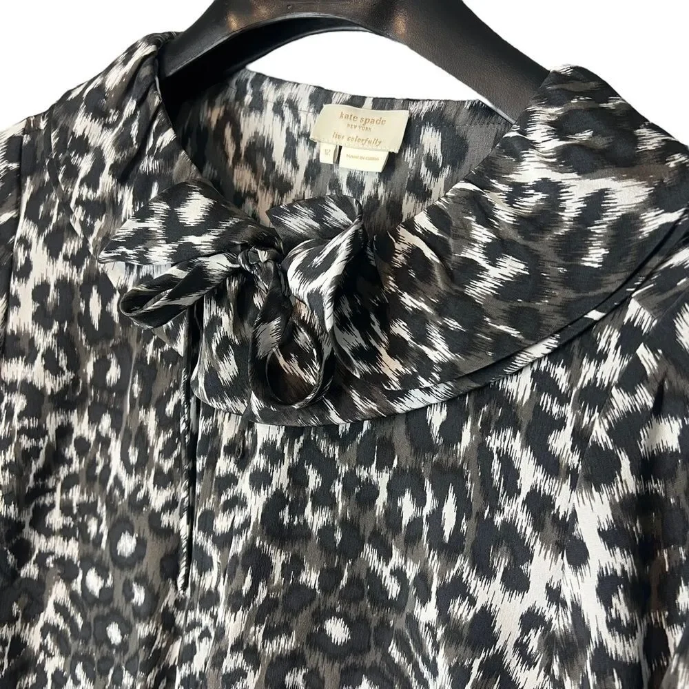 Kate Spade Leopard Cheetah Animal Print Silk Tie-Neck Blouse Top US. 12